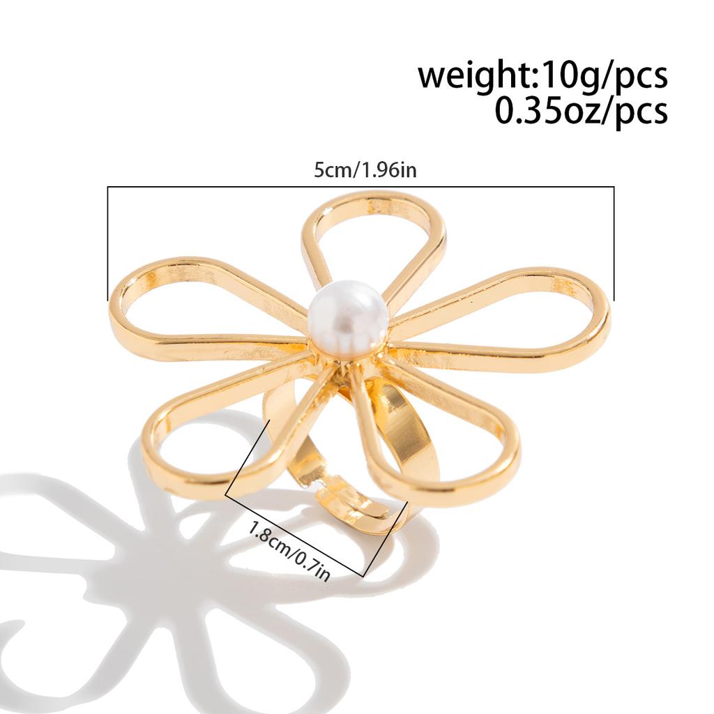 Design Sense Ins Style Hollow Flower Open Ring, Personalized Starfish Imitation Pearl Feather Ring for Women