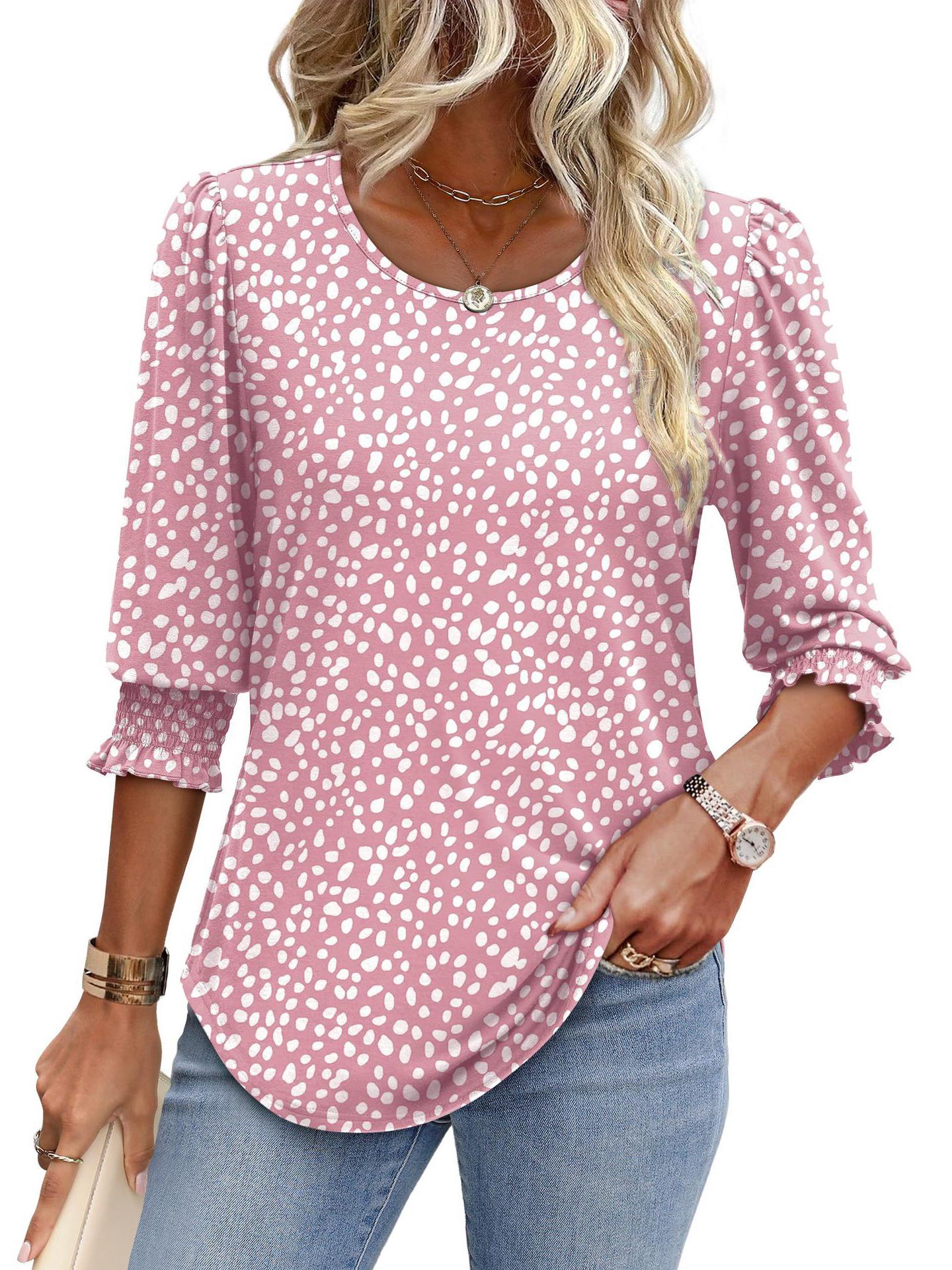 

2025 Women s Gathered 3/4 Sleeve Round Neck Elegant Casual T-shirt Top Large
