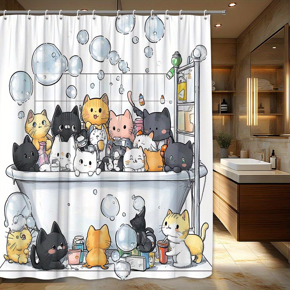 

1pc Playful Cat Shower Curtain - Whimsical Polyester Bathroom Decor with Nine Adorable Cats in Bathtub Surrounded by Bubbles 90X180CM