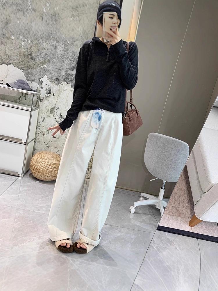 Soft Satin Denim: Women's Warm Wide-Leg Fleece Pants for Autumn/Winter - Stretchy, Thickened, Slimming, Straight Leg.