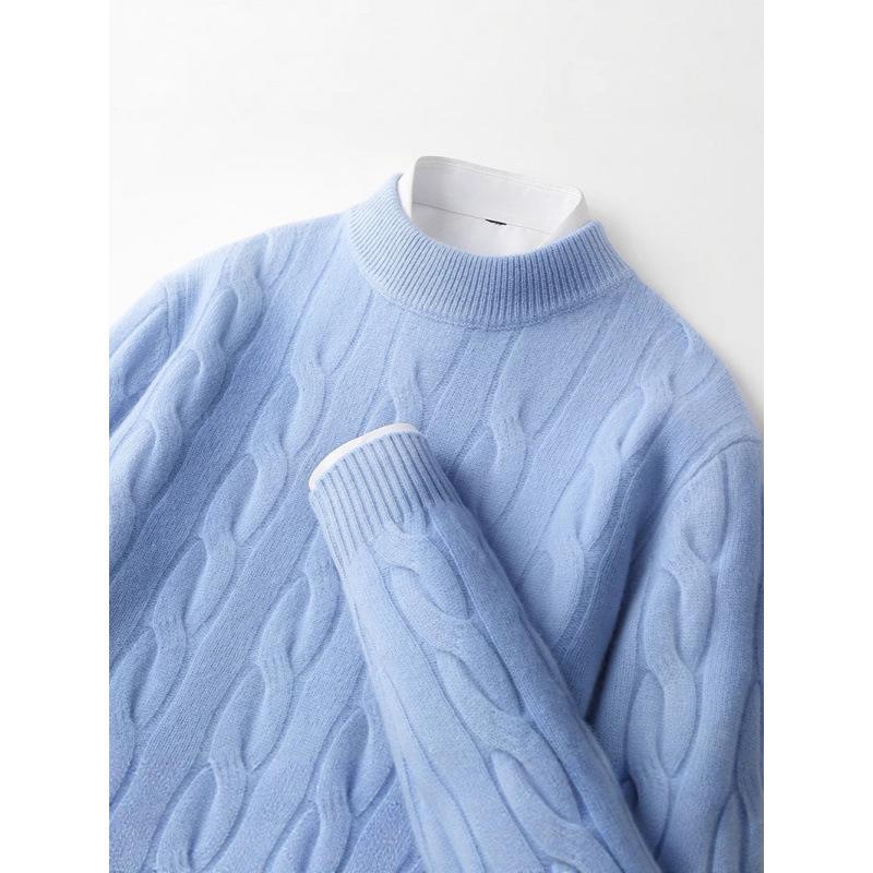 Men's Pure Wool Thick Cable Knit Sweater - Round Neck Solid Color for Autumn and Winter