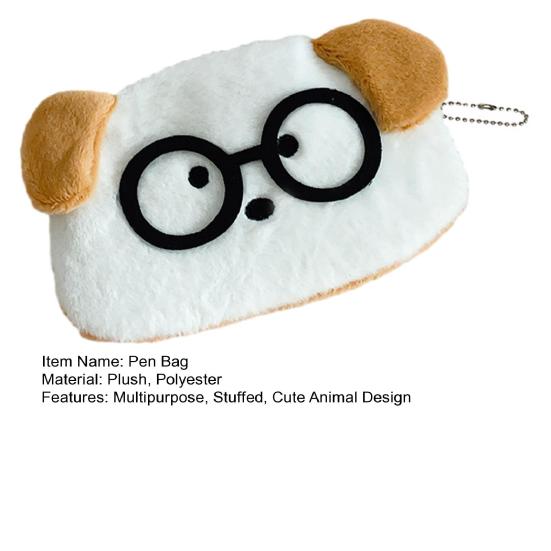Cute Animal Pen Bag Kids Plush Cat Dog Pencil Pouch Stuffed Animal Wearing Glasses Zippered Stationery Bag for School Students Girls And Boys