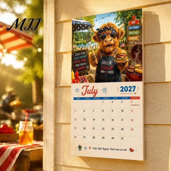 Office Schedule Organizer 2027 Funny Highland Cow Wall Calendar, Cute Farm Animal 12 Month Calendar Scottish Hanging Planner for Rustic Home Decor