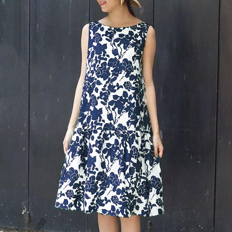 

ZANZEA Женское повседневное платье с цветочным принтом, круглым вырезом и без рукавов XL темно-синий