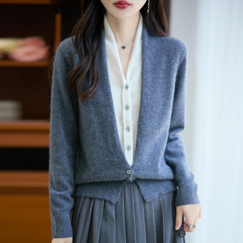 100% Wool Color Block Two-Piece Cardigan - Autumn/Winter Long Sleeve Loose Top for Women