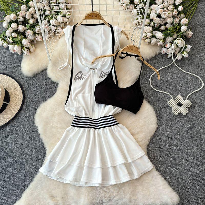 

Summer New Arrival Korean Style Fashion Set Women s Halter Spaghetti Straps Vest + Letter Print Short Dress Two-piece Set Black strap + white Dress All yards