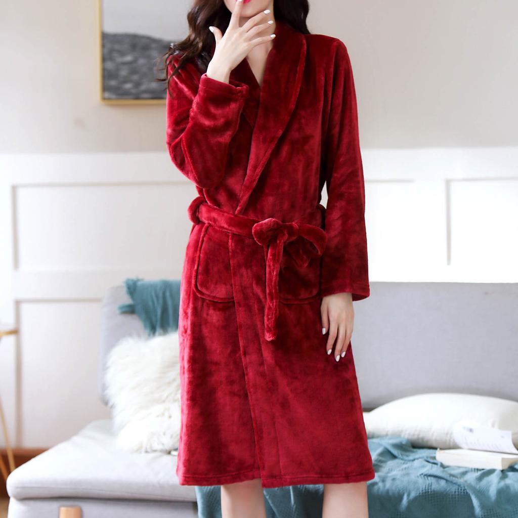 Pijama de Noche Cálido de Franela para Mujer con Banda de Color y Bolsillo