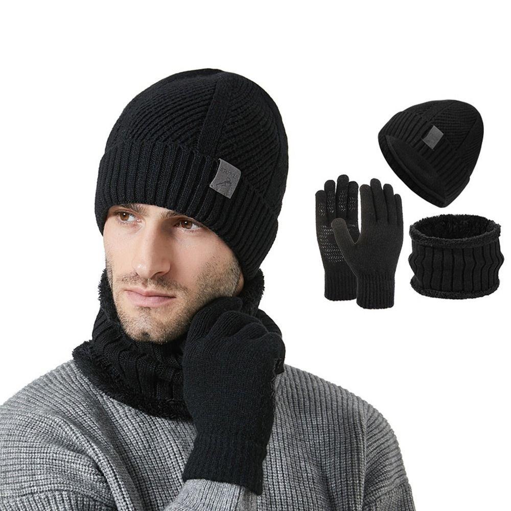 3Pcs/Set Plush Lining Knit Beanie Snood Set Warm Touchscreen Gloves for Men