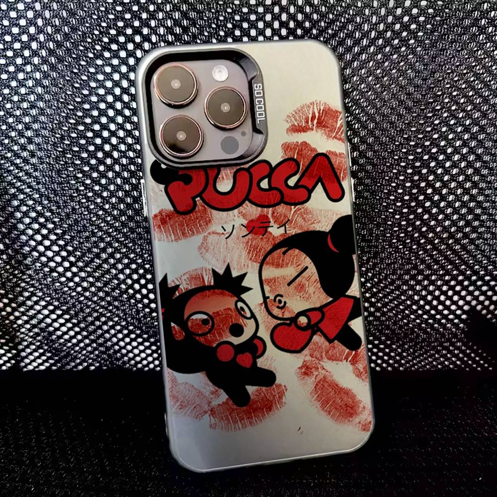 Pucca Cute Love Phone Case For iPhone 16,15,14,13,12,11,8,7,Pro,Max,Plus,Mini,XS,SE Anti Fall Black Matte Hard