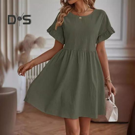Summer Mini Dress Ruffled Short Sleeves O Neck Pleated A-line Dress Pure Color Loose Hem Dress for Dating Shopping Travel