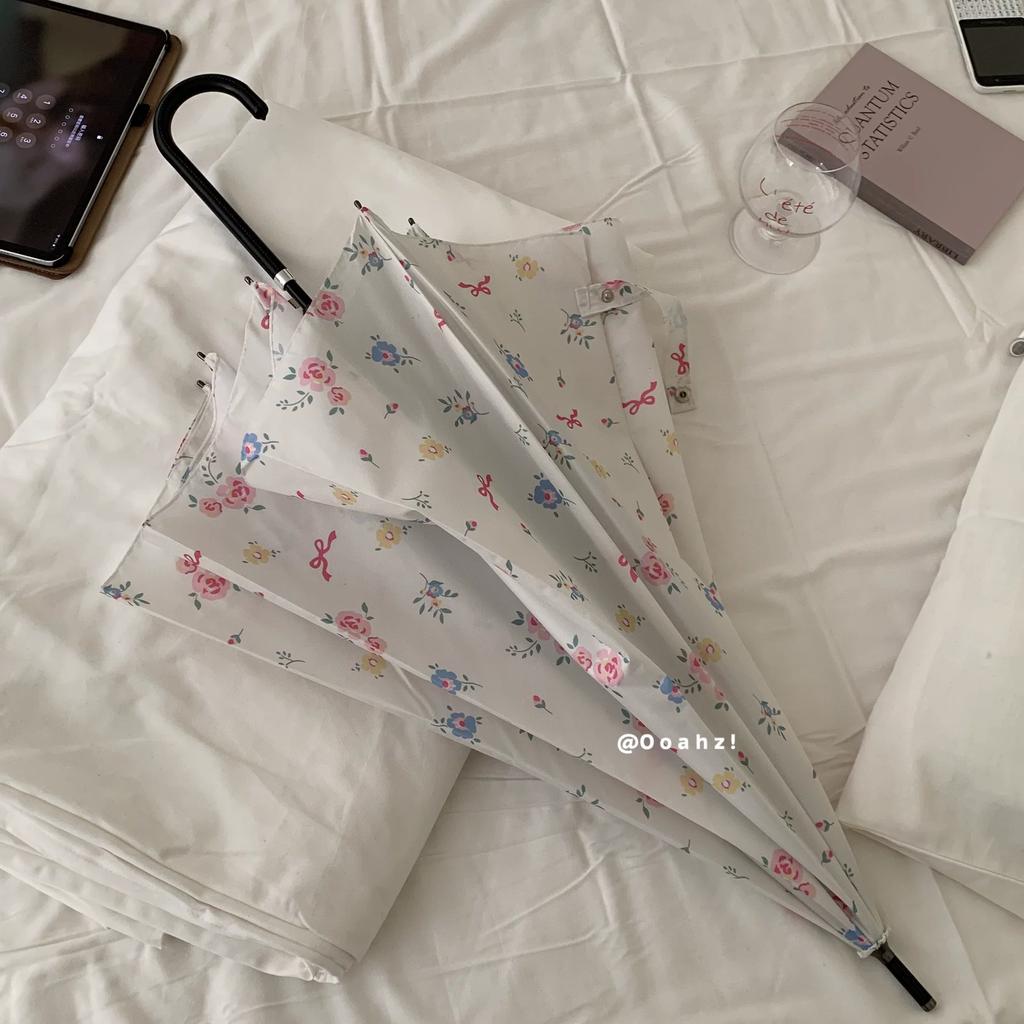 "Springtime" Korean Ins Fairy-Style Bowknot Rose Flower Umbrella, White, Suitable for Photography, Straight Long-Handled Umbrella