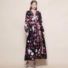 Frühlings-Vintage-Blumen-Maxikleider für Damen Laufsteg Kreuz-V-Ausschnitt Lange Laternenärmel Gürtel Strandurlaubskleid Boho-Robe