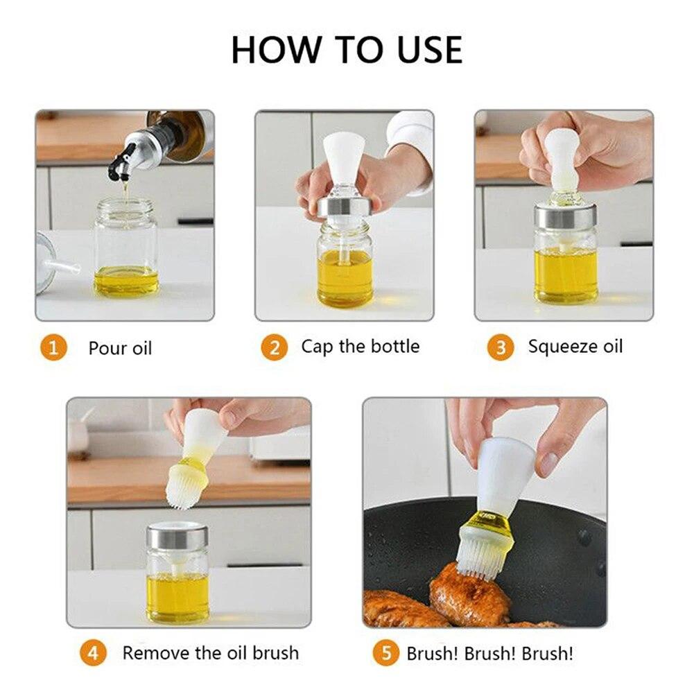 Portable Oil Bottle with Silicone Brush Kitchen Glass Bottle Cooking Barbecue Grill Oil Pastry Brush BBQ Baking Accessories
