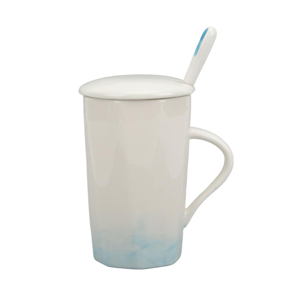 400ml Ceramic Mug Ink Painting Style Coffee Mugs Ceramic Coffee Mug with Spoon Lid for Home Office Cyan