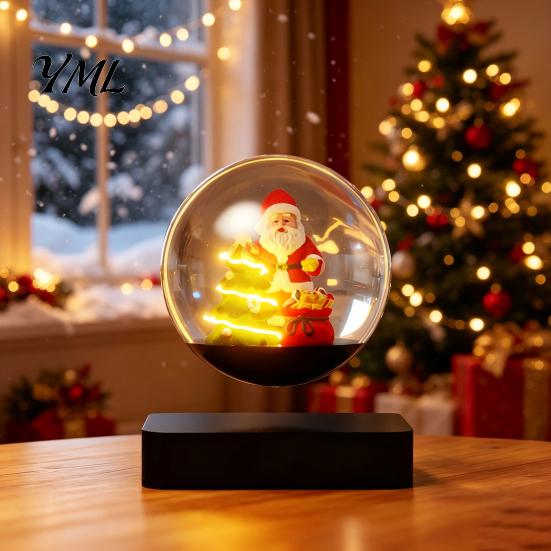 Christmas Desk Decoration for Office Magnetic Levitating Santa Claus Tree Ornament with LED Light, Lighted Rotating Floating Display Glass Ball