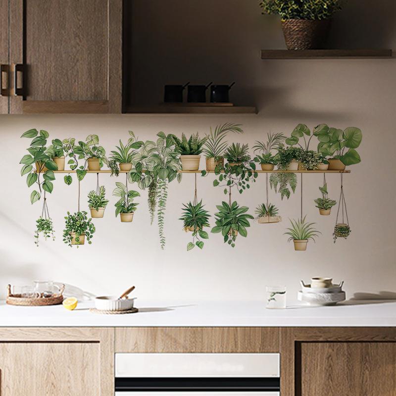 3D Green Plants Wall Stickers Potted Hanging Baskets Vinyl Mural Art Decals for Kitchen Study Living Room Decoration