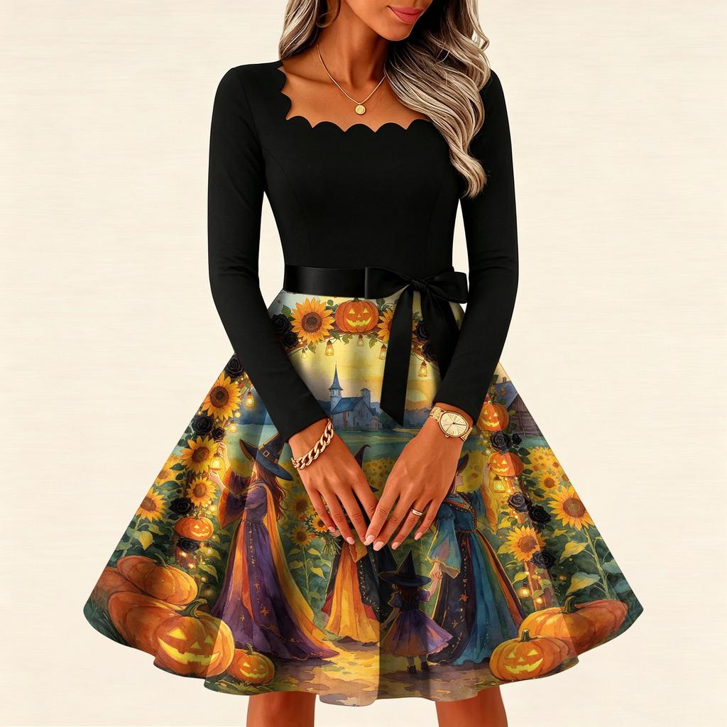 Women's Vintage Square Neck Long Sleeve Halloween Print Evening Dress