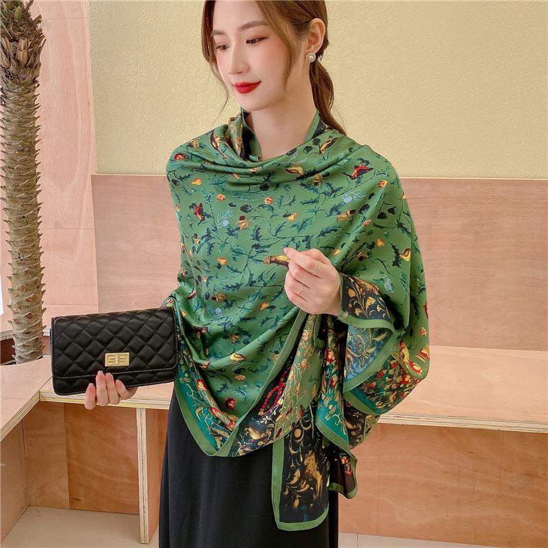 Army Green Luxury Silk Scarf Women Spring Printed Bird Shawls Wraps Lady Soft Bandana Foulard Summer Pareo Stole Long Cover-ups