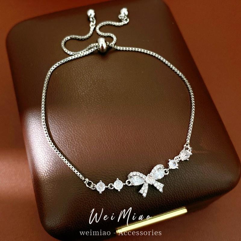 Elegant Zircon Bowknot Bracelet Women Minimalist Luxury Daily Wear Adjustable Copper Chain Jewelry