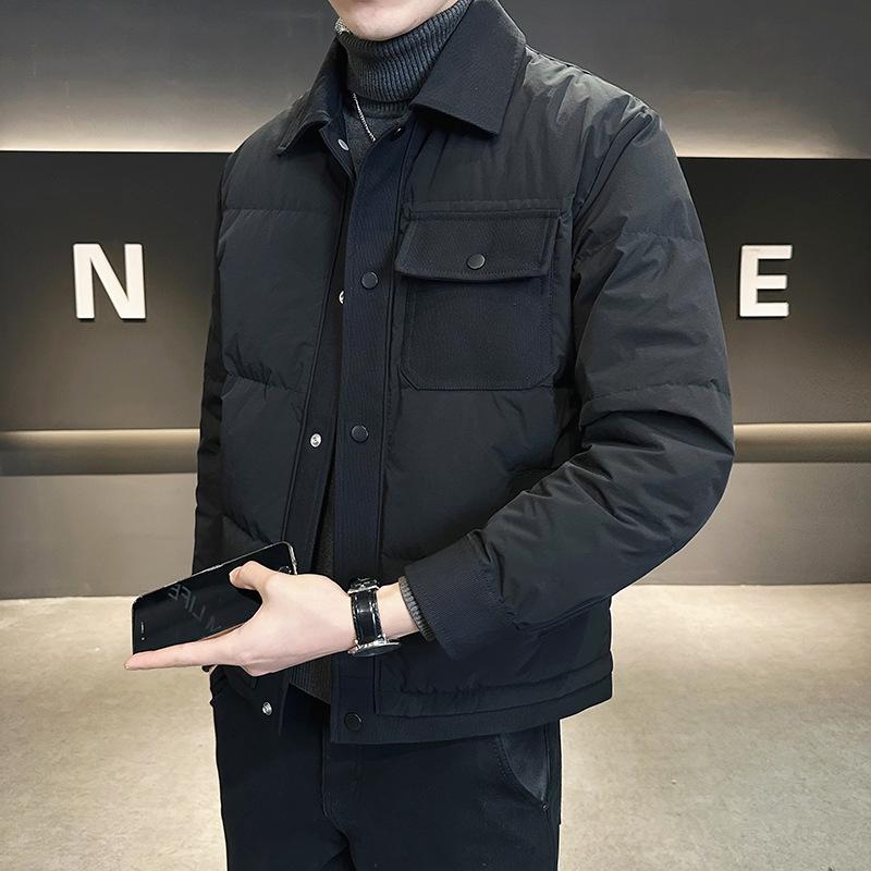 

Men s 2024 Slim Fit Short Lightweight Down Jacket - Winter Thickened Warm Outerwear with Lapel 2XL 75-82kg чорний