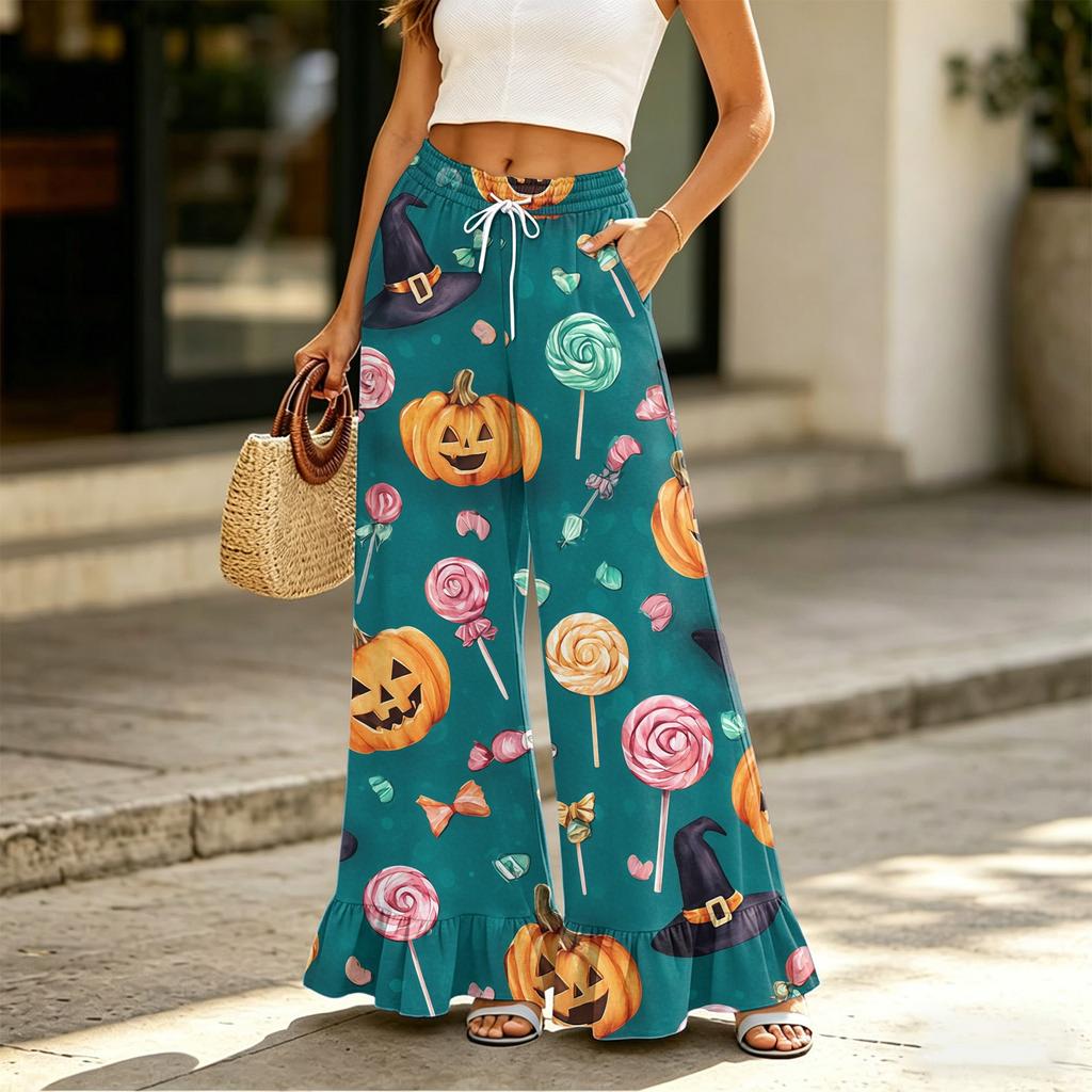 Pantaloni Larghi da Donna con Tasche Vita Alta Coulisse Vestibilità Larga Pantaloni Casual Stampa Halloween Leggeri Comodi