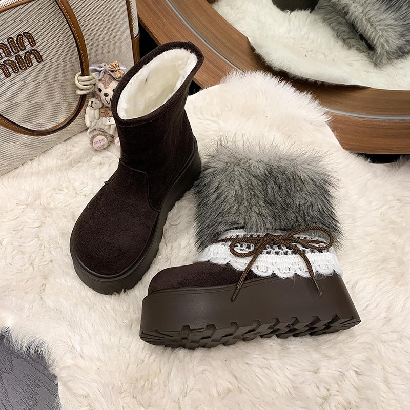 

Winter Thick Sole Women Fur Lining Snow Boots Concise Button Combination Splicing Shoes Ladies Comfort Warm Cotton Short Booties 35
