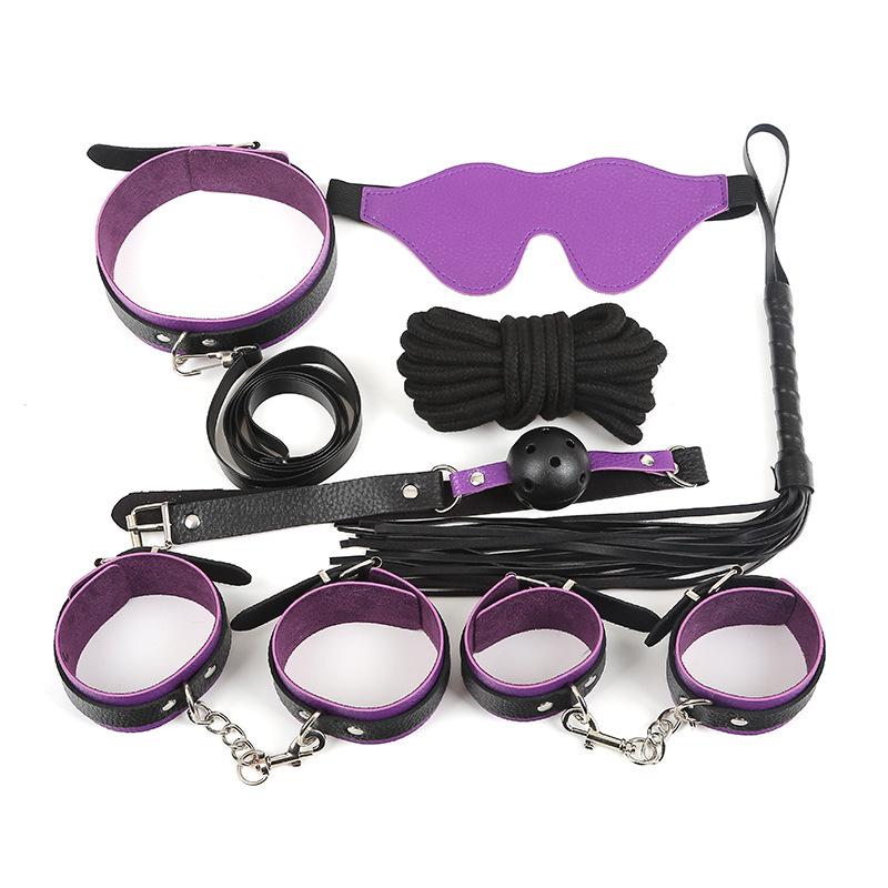 EM41 Leather 7 PCS SM Erotic Toy Set Couple Flirting Bondage Binding Kit Handcuffs Mouth Ball Gag Collar Whip Sex Toys