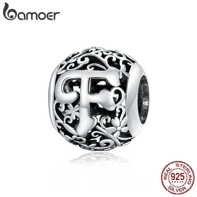 BAMOER 925 Silver Retro Letter Charms Hollowed Alphabet A-Z Round Beads for Women Bracelet DIY Jewelry Making
