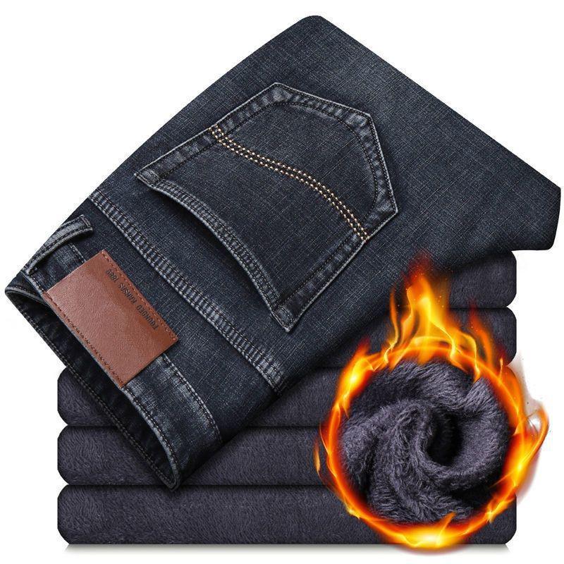 2025 Autumn Winter Men's Plus Velvet Thick Straight-Leg Jeans - Large Size, Loose Fit, Business Casual Youth Denim