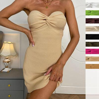 Frauen Frühling Trägerlose Ärmel Einfarbig Schlank Stricken Kreuz Hohe Stretch Kleider