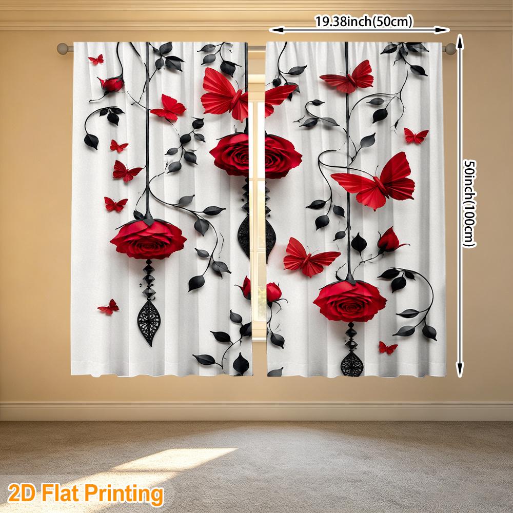 2pcs Rod Pocket Curtain with Red Roses Butterflies Black Vines Print, Stylish Window Drapes for Home Decor Living Room Bedroom