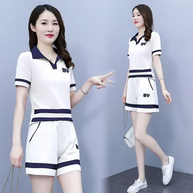 Women's 2024 Summer Stylish Korean Polo Lapel Short-Sleeve Shorts Set