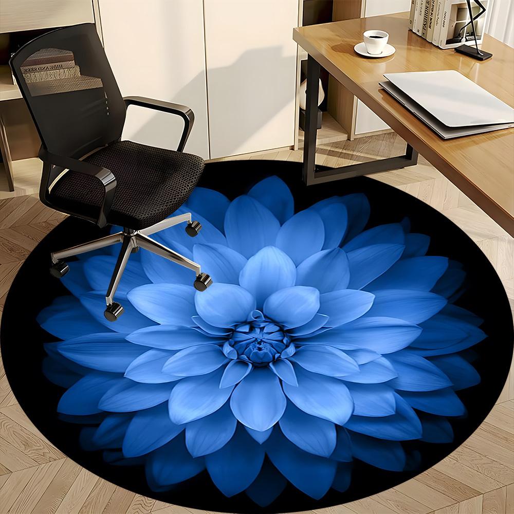 1 Stück Blauer Dahlien Teppich, Runder Rutschfester Langlebiger Großer Büroteppich, Geeignet für das Büro