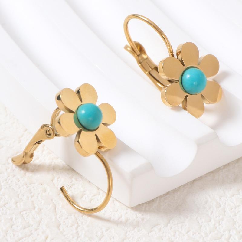 Fashionable Golden Flower Stainless Steel Earrings for Women Turquoise Natural Stone Earrings for Summer High-end Earrings
