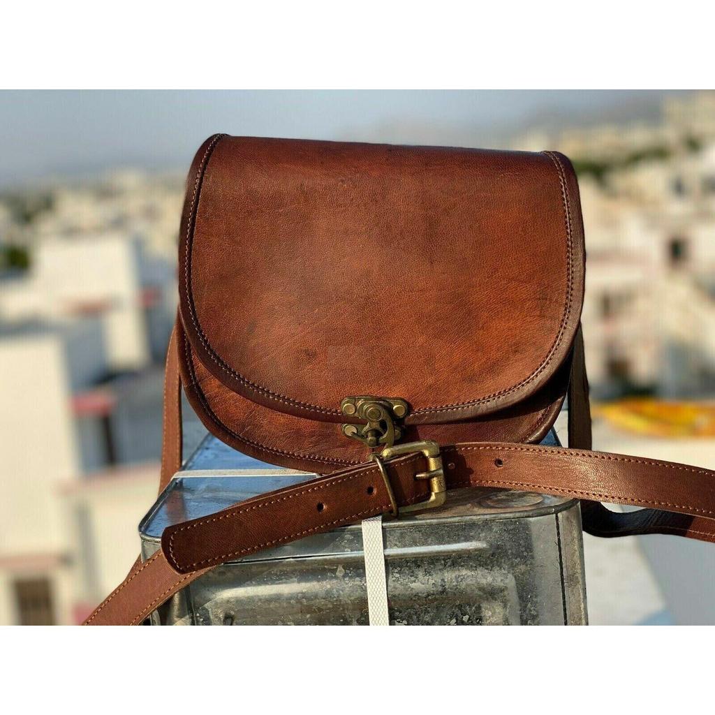 Genuine Brown Leather Messenger Shoulder Cross Body Bag Womens Vintage