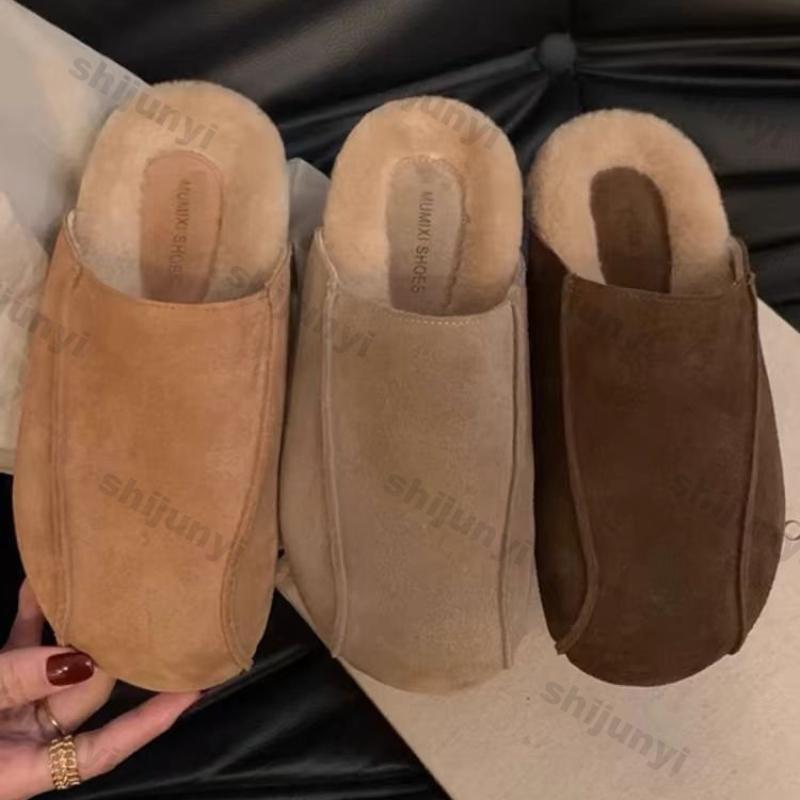 Mode Damen Schuhe mit dicker Sohle Geschlossene Zehenpartie Runde Zehenpartie Wildleder Halbschuhe Damen Herbst Winter Neu Flache Slingback Slipper Baumwollpantoffeln