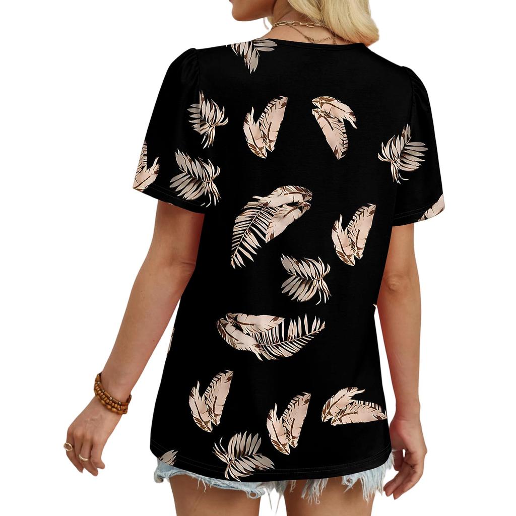 Dams casual mode rundhalsad blommig tryckt veckad kortärmad t-shirt topp