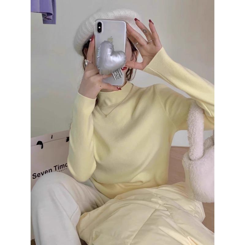Temperament Soft Waxy Semi-turtleneck Sweater Bottoming Shirt Women's Autumn and Winter Velvet Thickened Solid Color Knitted Top with Inside