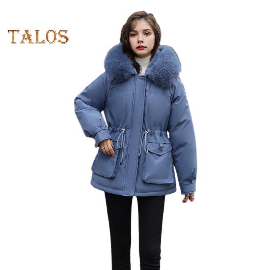 Winterjacke aus Baumwolle für Damen, pelzige Kapuze, verdickter Plüsch, lange Ärmel, elastische Taille, Taschen, Reißverschluss, Mantel, mittellang, winddicht, warm, Daunenmantel