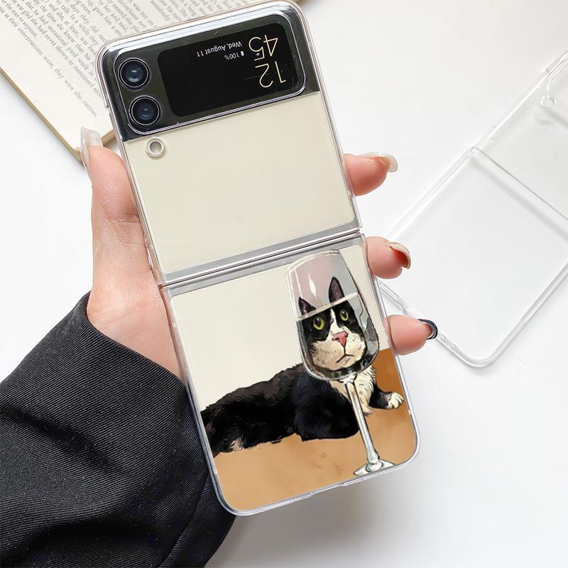 Lovely Cat Playing Fun Fashion Phone Case For Samsung Galaxy Z Flip 3 4 5 6 7 Hard Folding Z Flip4 Clear PC Cover Gift