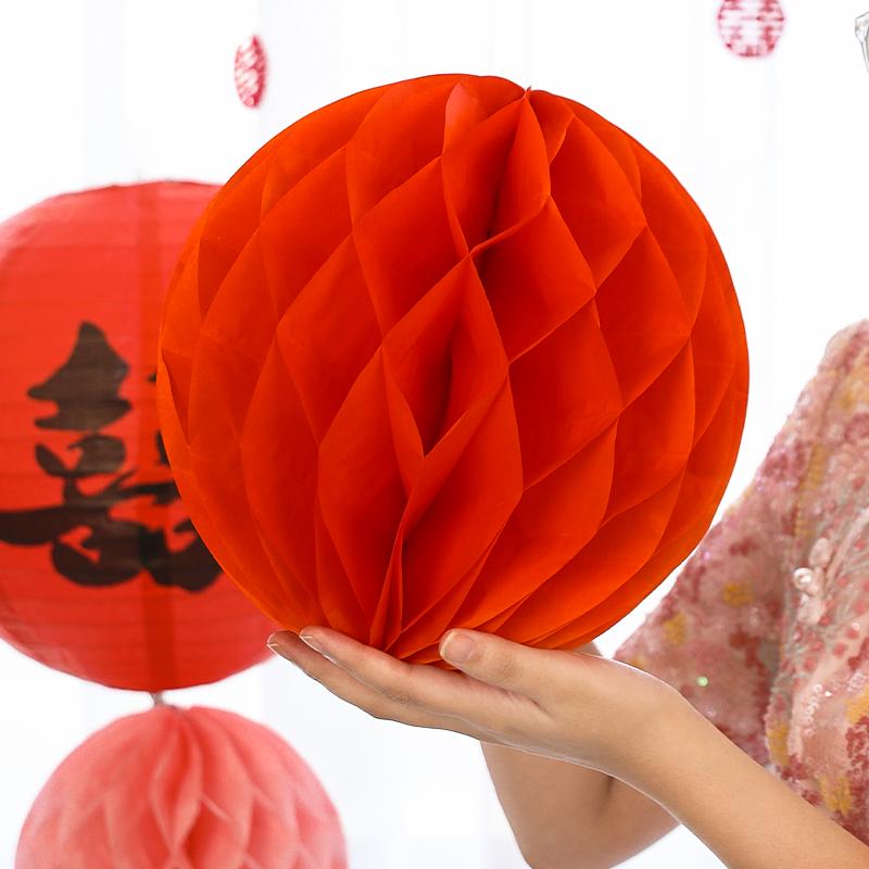 Wedding Double Happiness Garland & Lantern Set with Honeycomb Ball Columns for Background Decor