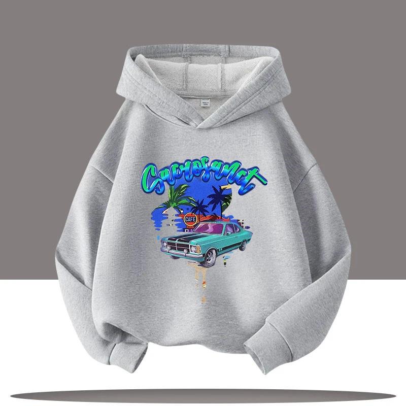 New Hip-hop Style Retro Car Cartoon Printed Children's Hooded Sweatshirt, Autumn and Winter Casual Top, Comfortable Clothing