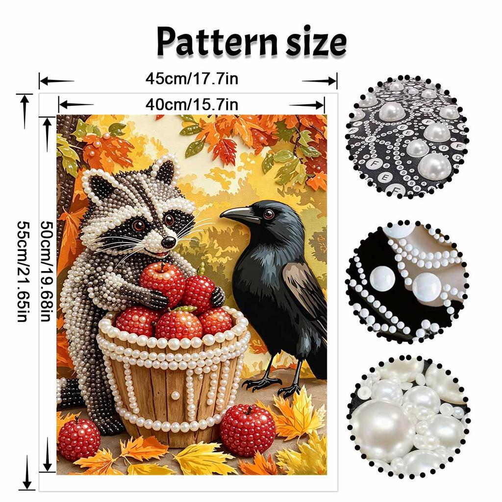 Pearl Painting DIY Kit Autumn Raccoon and Crow with Apples Frameless Sparkling Bead Art Canvas Creative Home Decor Craft for Beginners