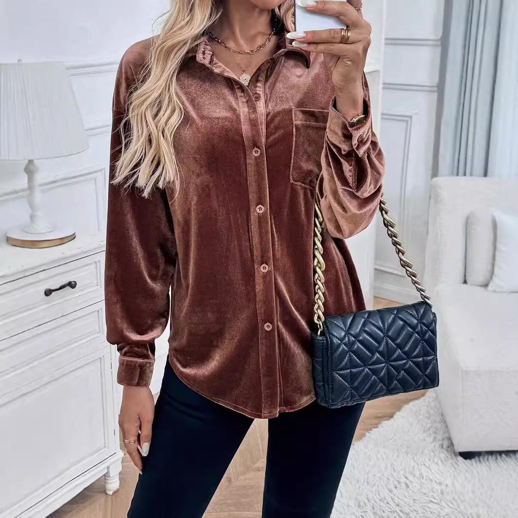 

Women s Lapel Shirt Spring Autumn Long Sleeve Velvet Cardigan Top XL