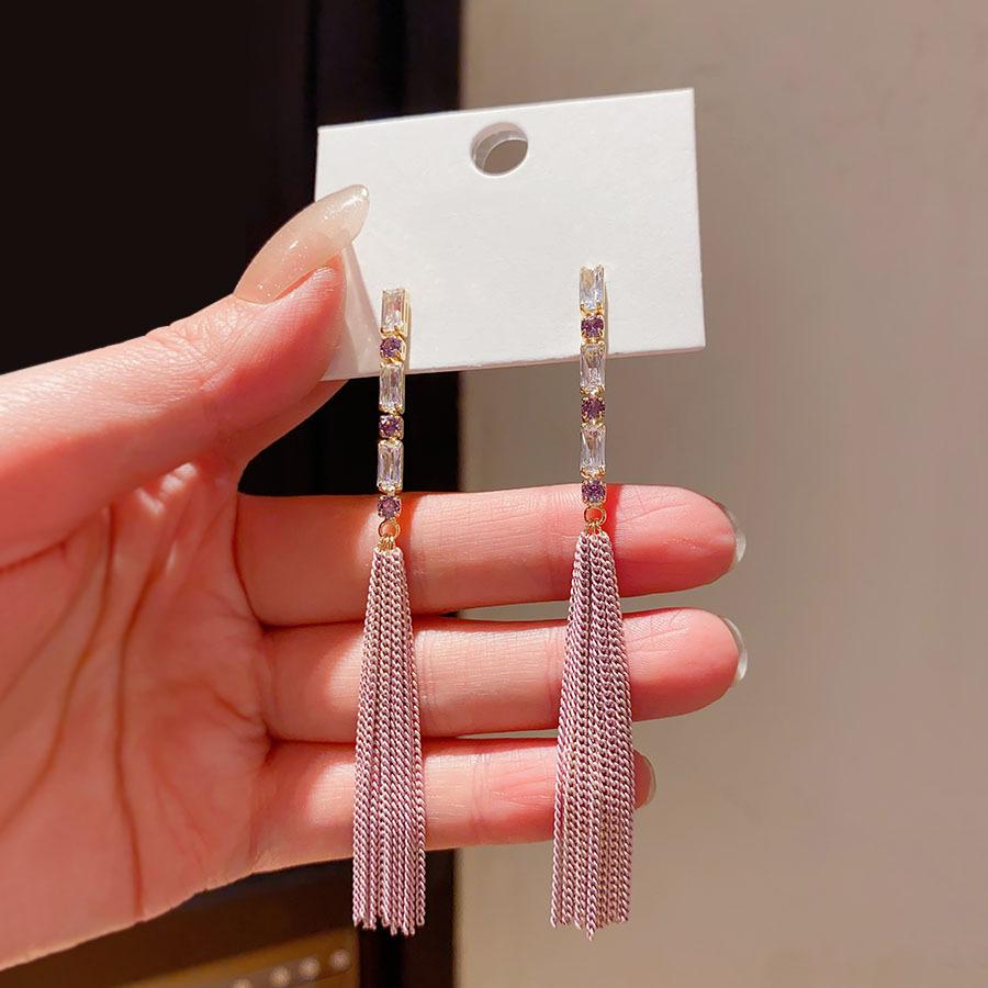 

Silver needle zircon chain fringed earrings Japan and Korea fashion elegant exquisite commuter earrings light luxury high-end earrings women