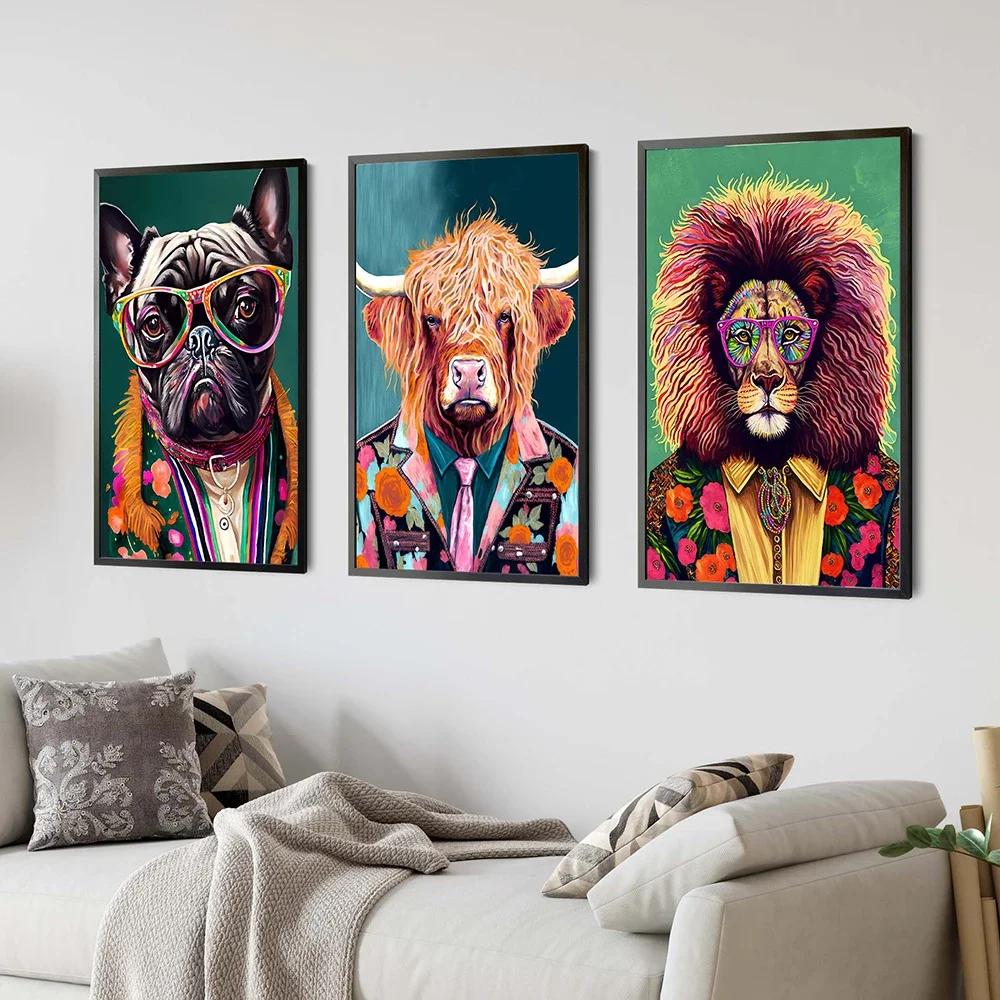 Fashion French bulldog lion giraffe portrait animal canvas painting posters and prints Scandinavian wall art painting for the living room