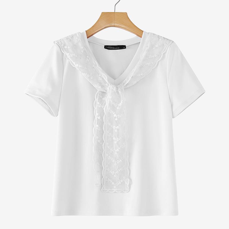 ZANZEA Women Casual Round Neck Loose Short Sleeve Lace Splice Blouse M