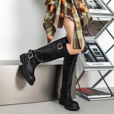 Bottes de chevalier à semelles épaisses bottes pour femmes automne et hiver nouveau bout rond rétro doux cool bottes longues mais bottes hautes fines au genou femmes