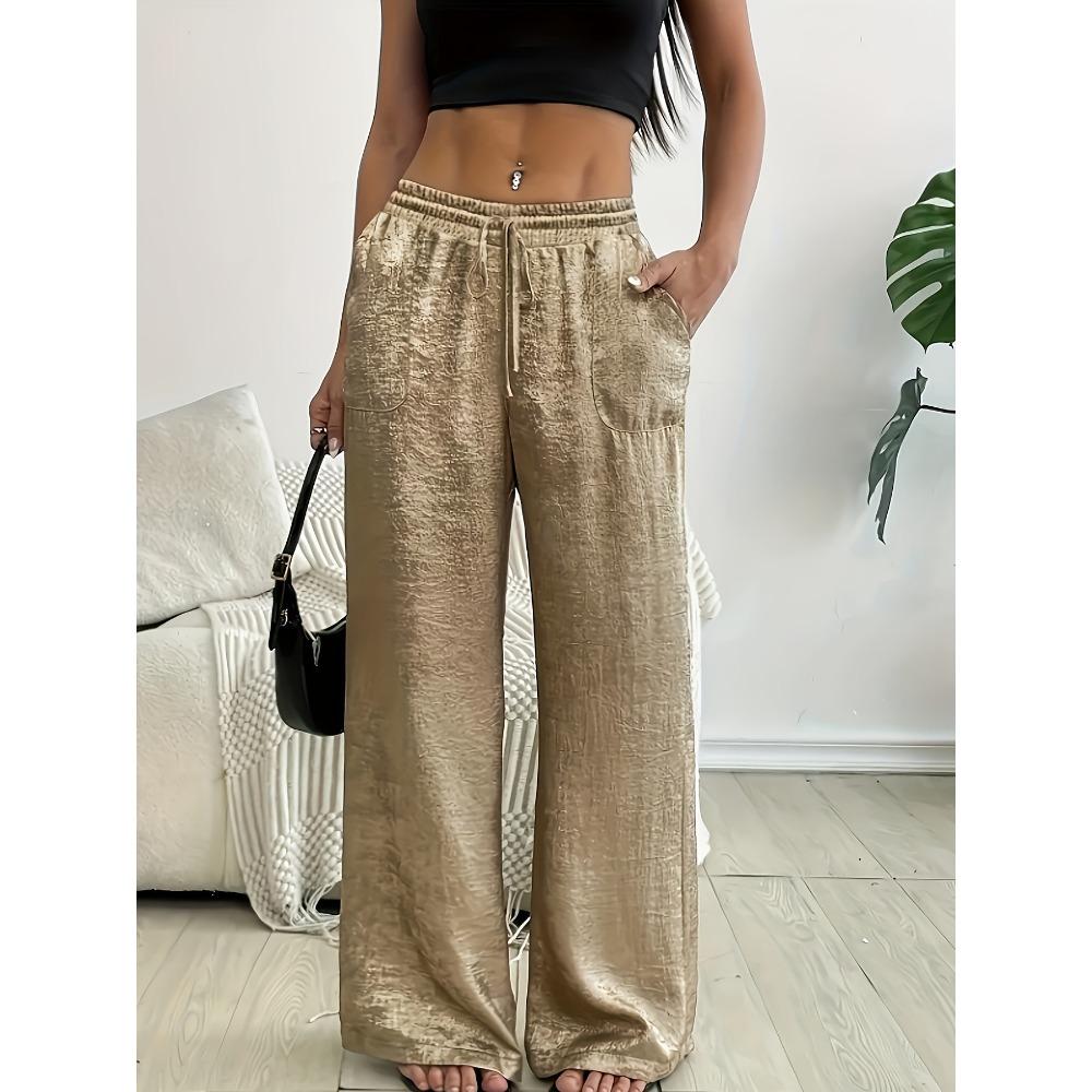 Women s High Waist Drawstring Wide Leg Pants Shiny Metallic Palazzo Trousers S золотой