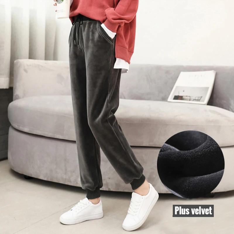 Women's Velvet Thick Warm Elastic High Waist Lace Up Harem Women's Pants Loose Ankle-Length Pants for Women